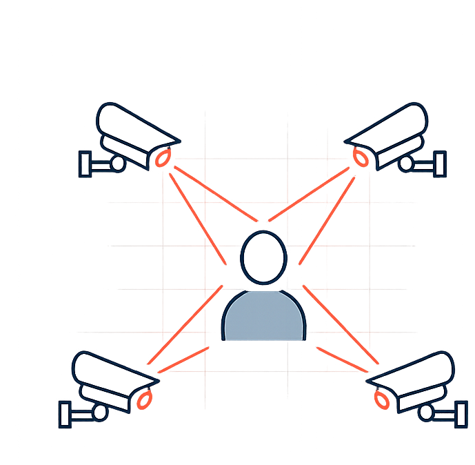 Surveillance cameras tracking a person